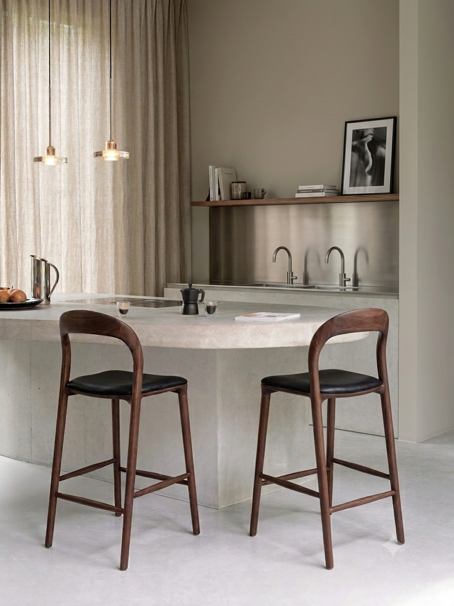Ami barkruk - Walnut - Zwart leer