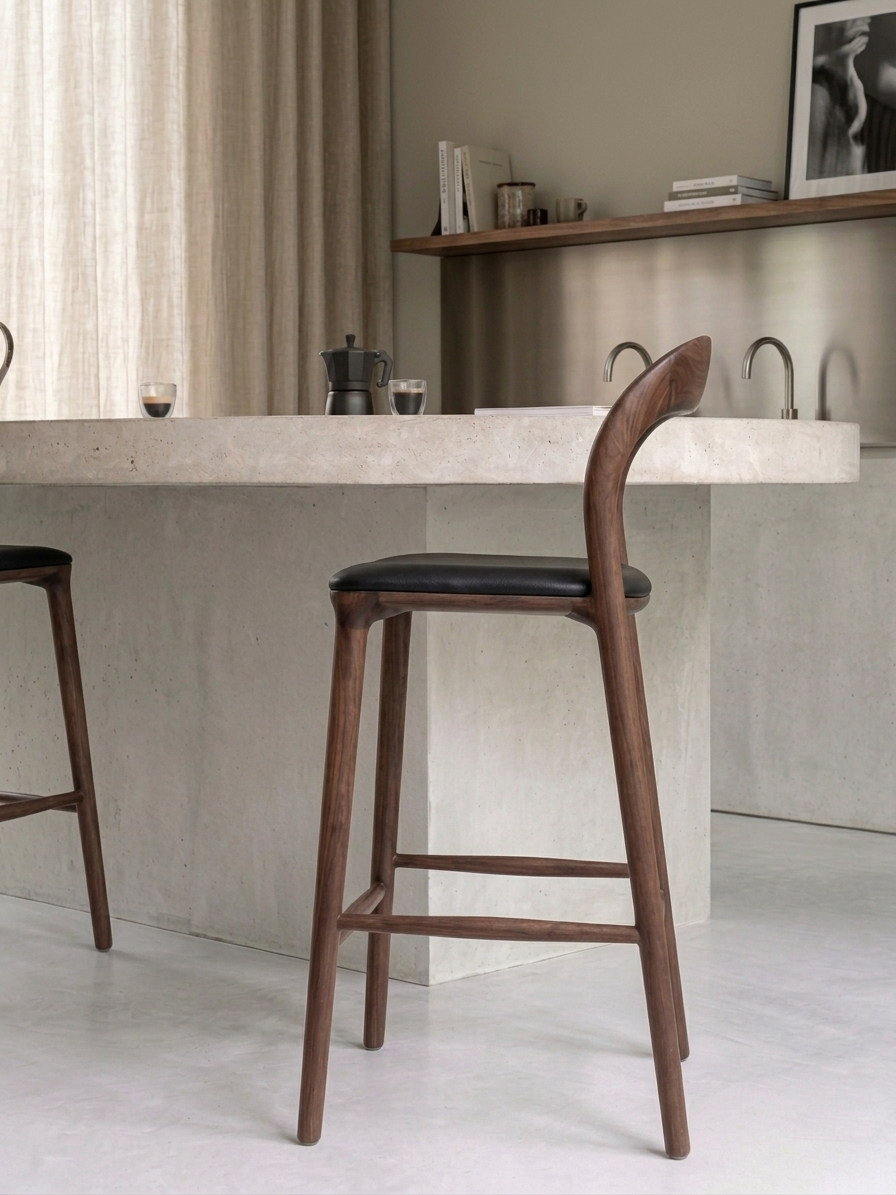 Ami barkruk - Walnut - Zwart leer