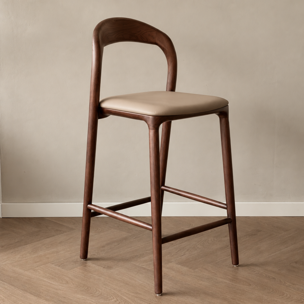 Ami barkruk - Walnut - Beige leer