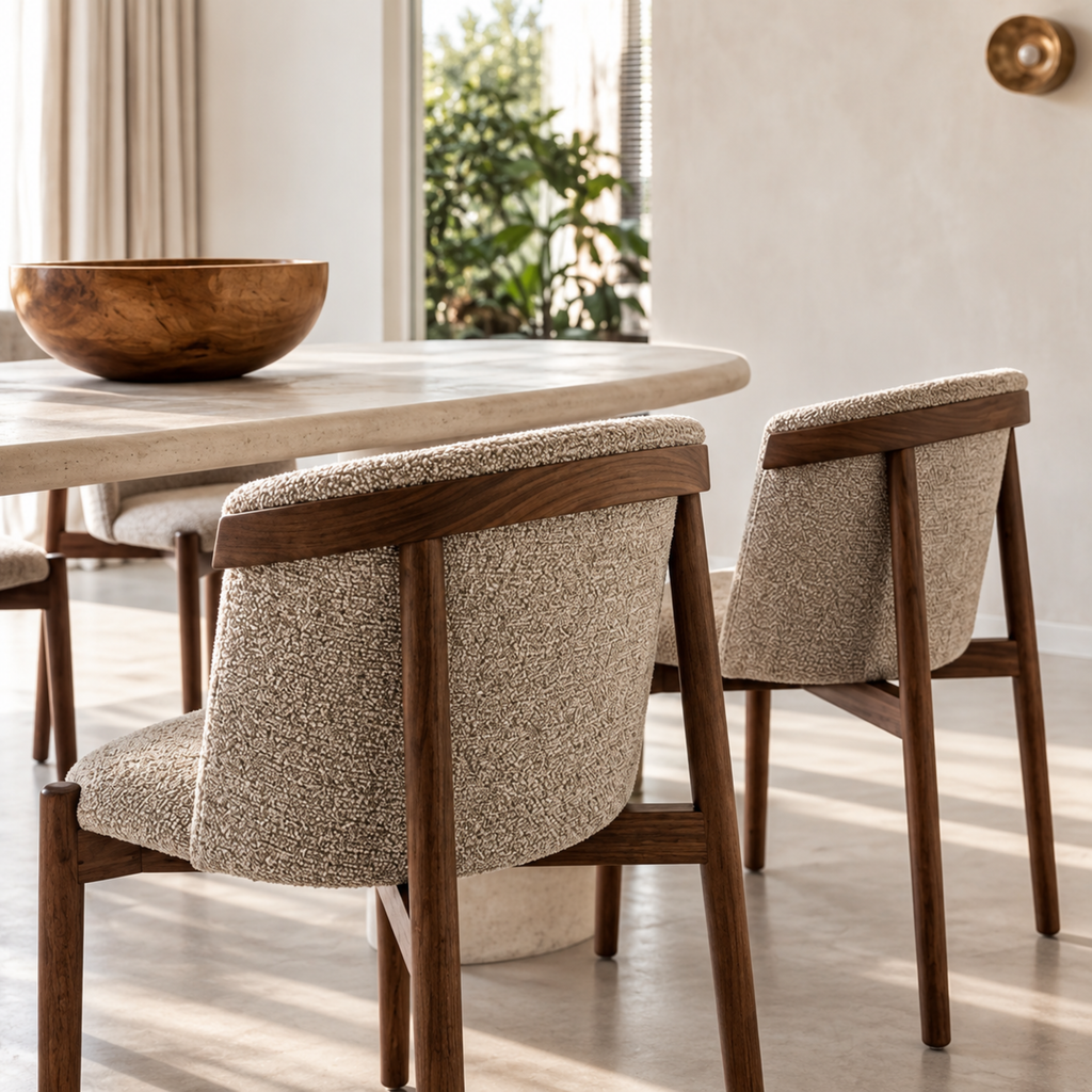Miro eetkamerstoelen walnoot met boucle aan eettafel