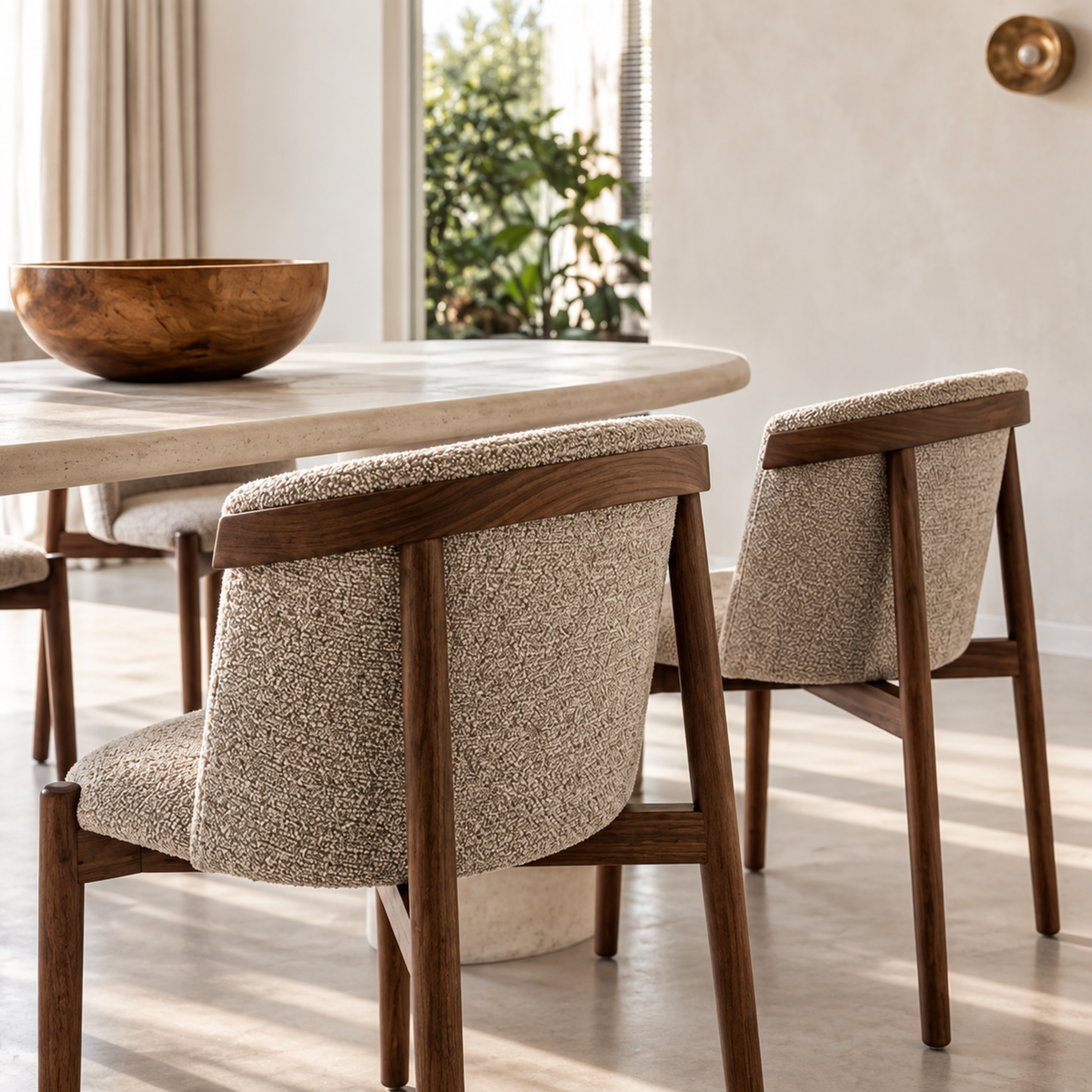 Miro eetkamerstoelen walnoot met boucle aan eettafel